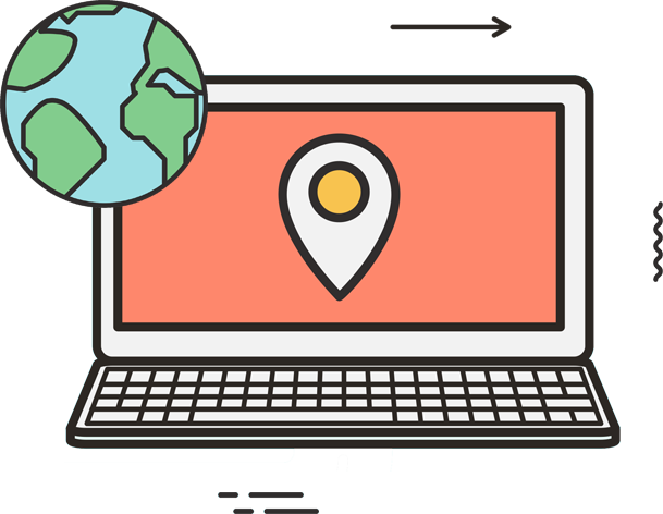 Ilustracja przedstawiająca laptop z ikonką lokalizacji na ekranie oraz globus obok. Pozycjonowanie Gorzów poprawia widoczność Twojej strony internetowej, przyciągając lokalnych klientów i poprawiając pozycję w wynikach wyszukiwania.